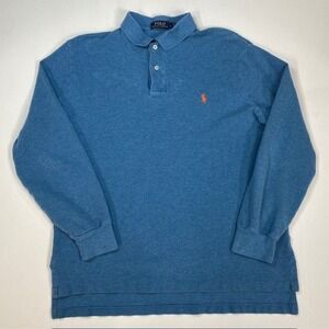 Polo Ralph Lauren Mens Long Sleeve Polo Shirt Blue Heather Orange Pony Size L